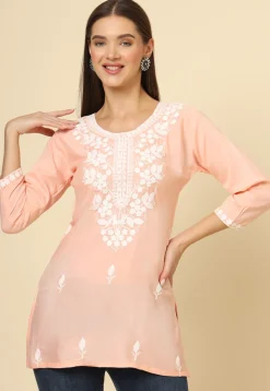 Embroidered Rayon Kurti in Peach