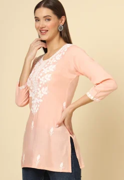 Embroidered Rayon Kurti in Peach