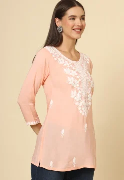 Embroidered Rayon Kurti in Peach