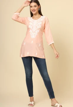Embroidered Rayon Kurti in Peach