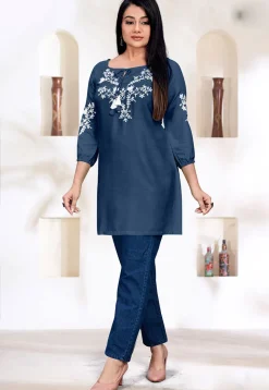 Embroidered Rayon Kurti in Blue