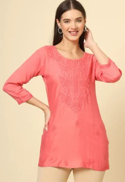 Embroidered Rayon Kurti in Peach