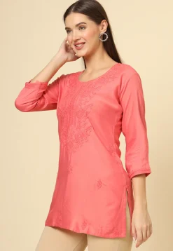 Embroidered Rayon Kurti in Peach