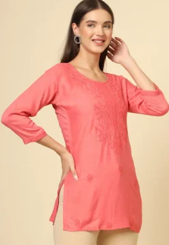 Embroidered Rayon Kurti in Peach