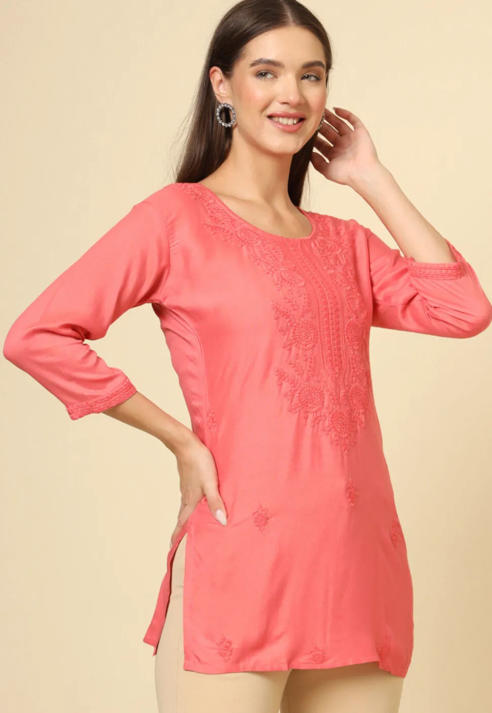 Embroidered Rayon Kurti in Peach