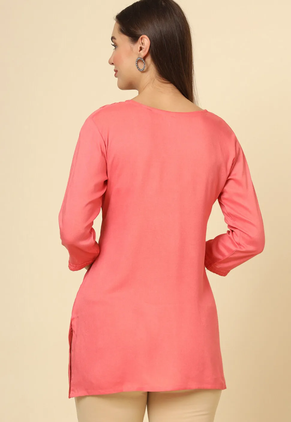 Embroidered Rayon Kurti in Peach