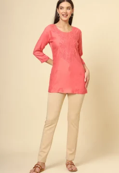 Embroidered Rayon Kurti in Peach