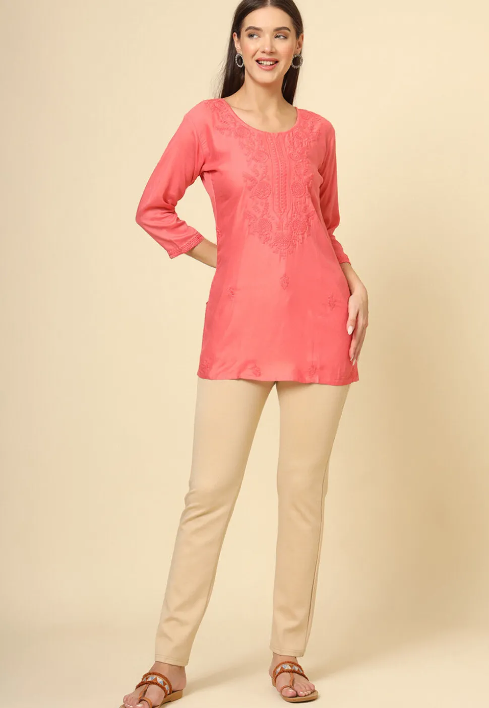 Embroidered Rayon Kurti in Peach