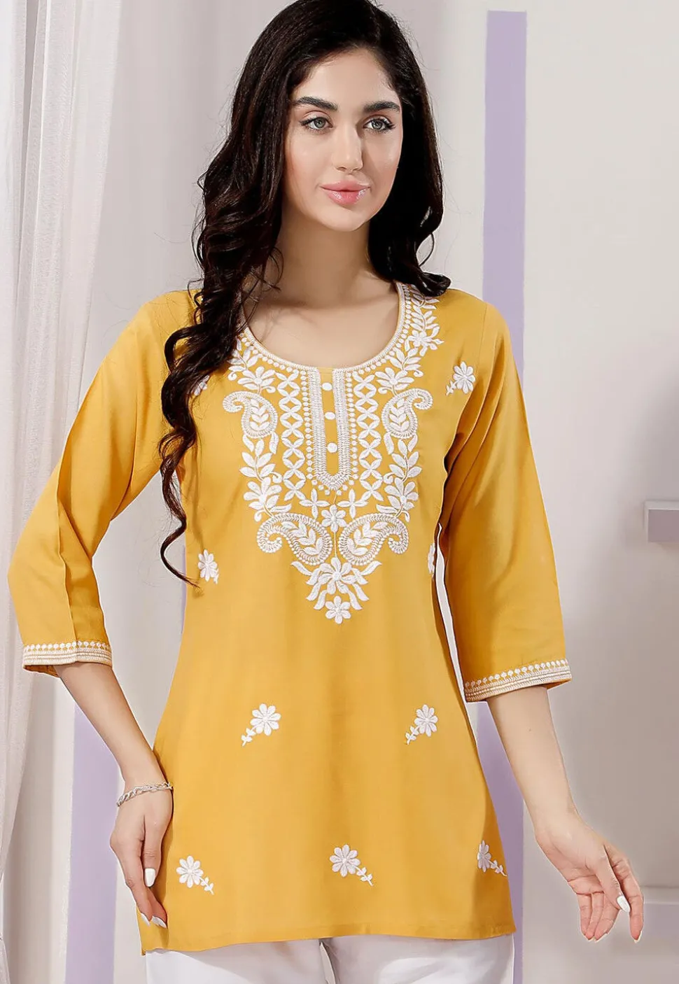 Embroidered Rayon Kurti in Mustard