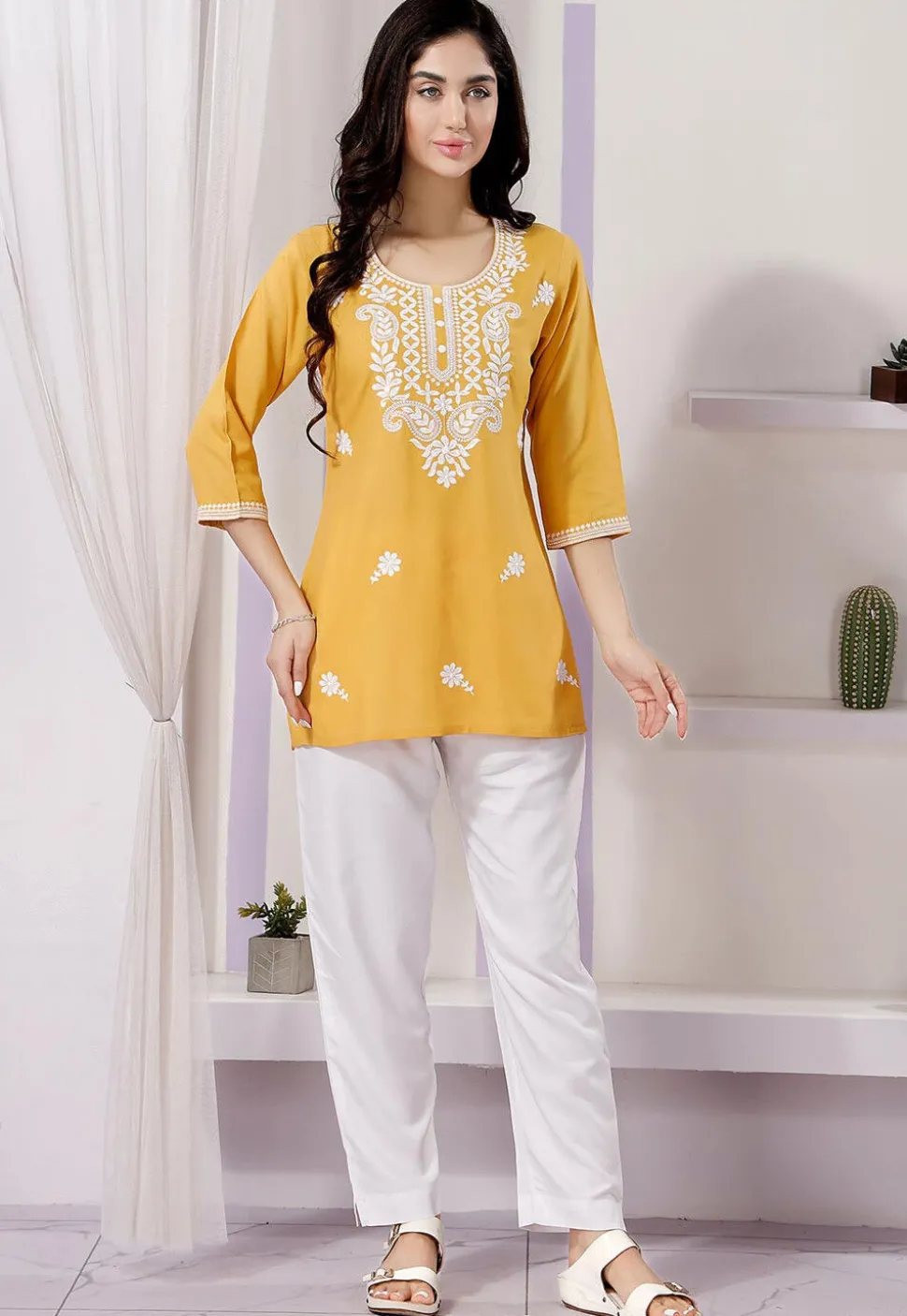 Embroidered Rayon Kurti in Mustard