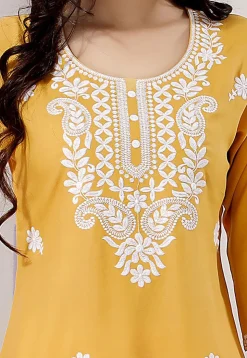 Embroidered Rayon Kurti in Mustard