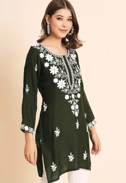 Embroidered Rayon Kurti in Dark Olive Green