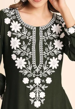 Embroidered Rayon Kurti in Dark Olive Green
