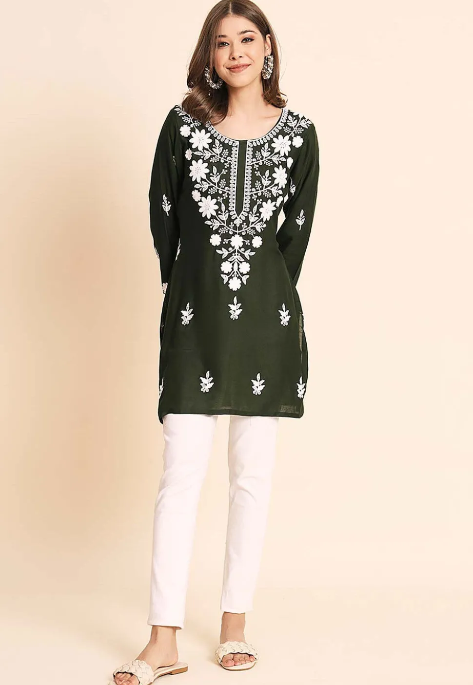 Embroidered Rayon Kurti in Dark Olive Green