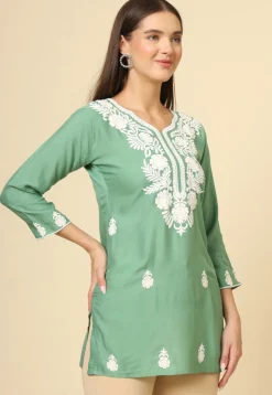 Embroidered Rayon Kurti in Green
