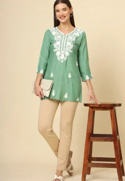 Embroidered Rayon Kurti in Green