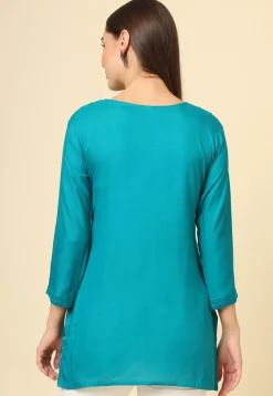 Embroidered Rayon Kurti in Teal Blue