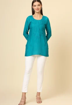 Embroidered Rayon Kurti in Teal Blue