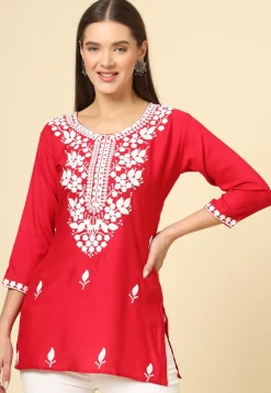 Embroidered Rayon Kurti in Red