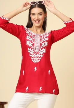 Embroidered Rayon Kurti in Red