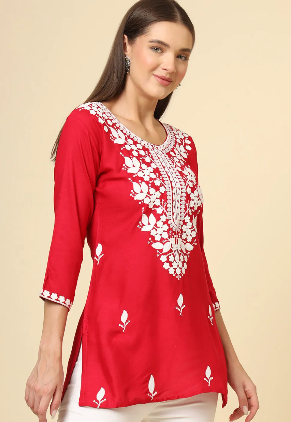 Embroidered Rayon Kurti in Red