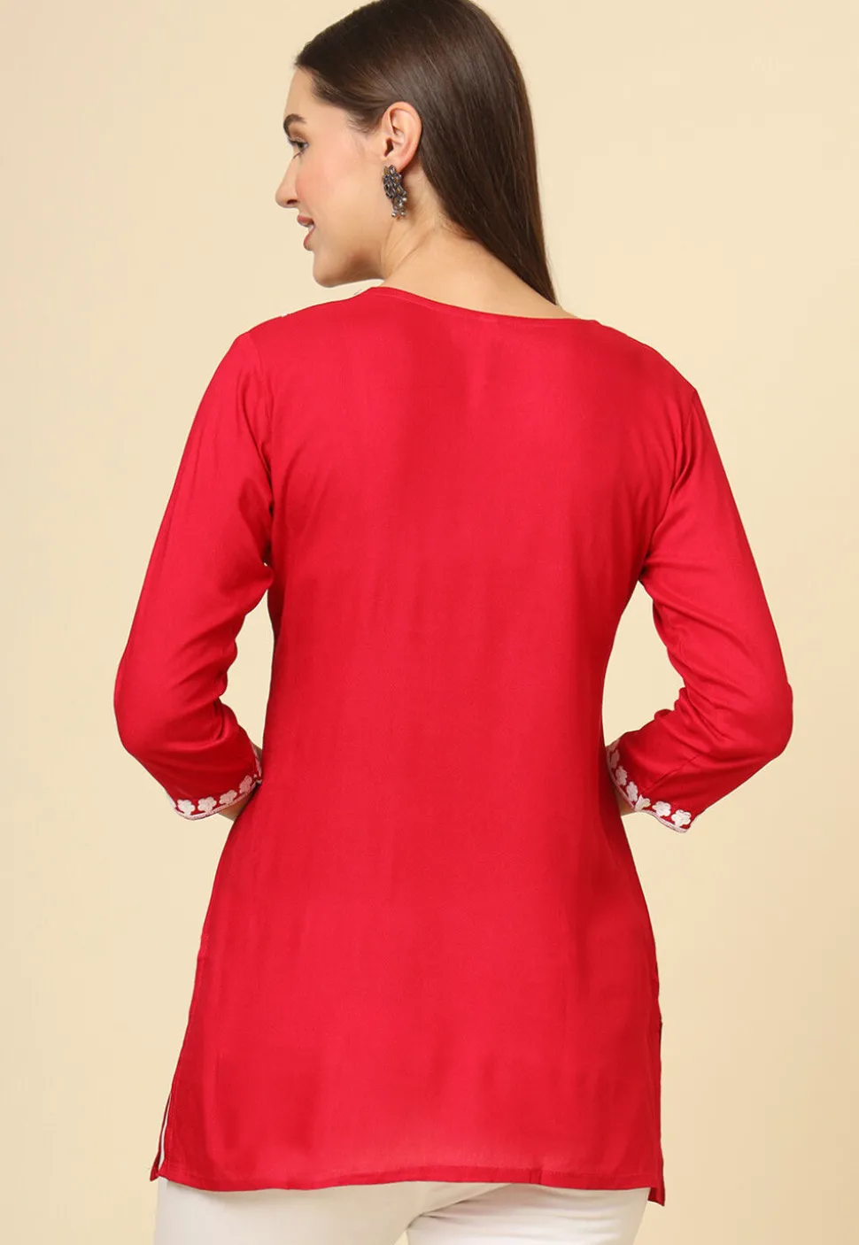 Embroidered Rayon Kurti in Red