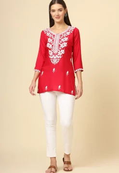Embroidered Rayon Kurti in Red