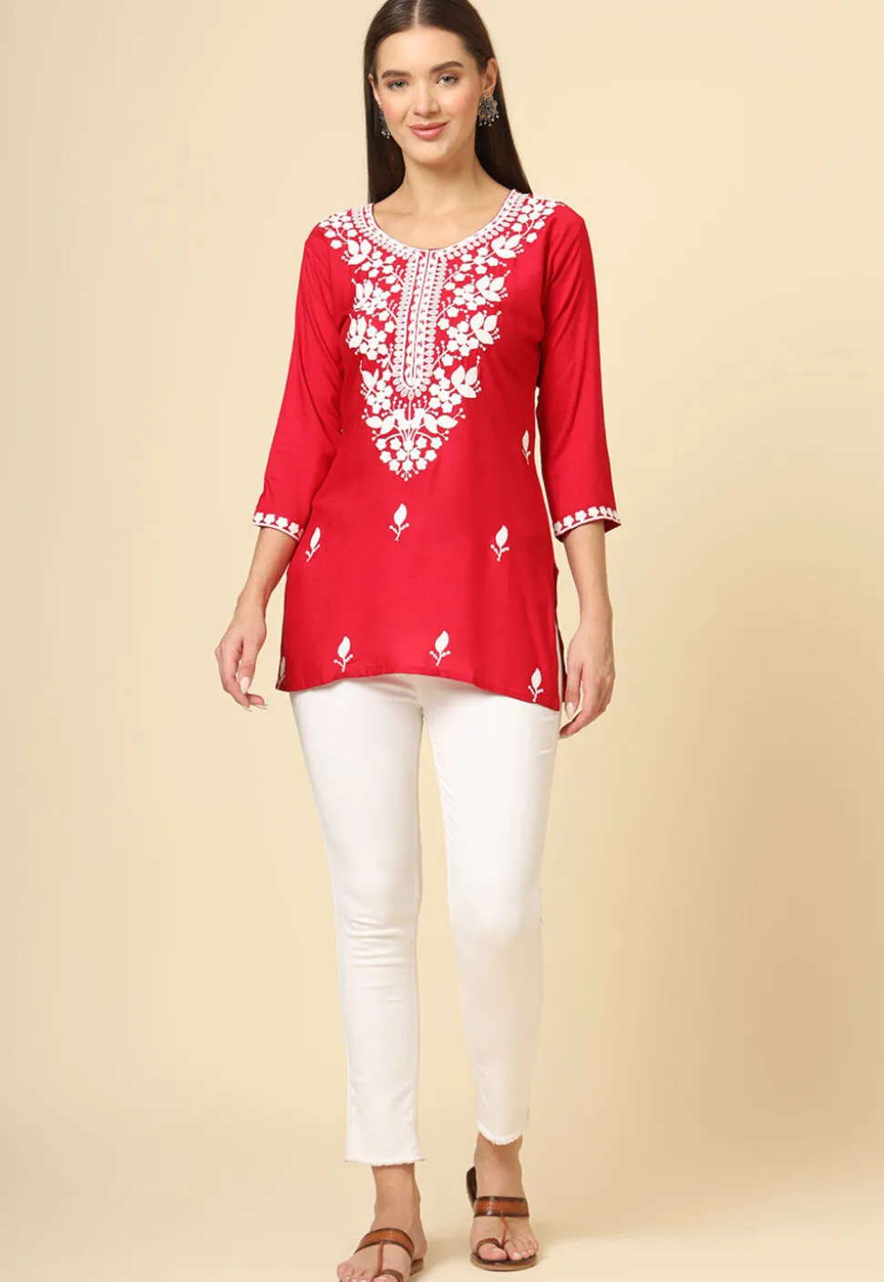 Embroidered Rayon Kurti in Red