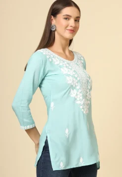 Embroidered Rayon Kurti in Sky Blue