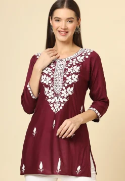 Embroidered Rayon Kurti in Wine