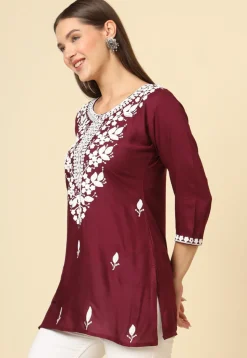Embroidered Rayon Kurti in Wine