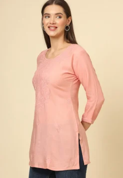 Embroidered Rayon Kurti in Peach