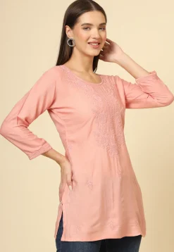 Embroidered Rayon Kurti in Peach