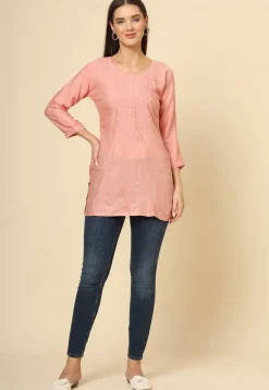 Embroidered Rayon Kurti in Peach