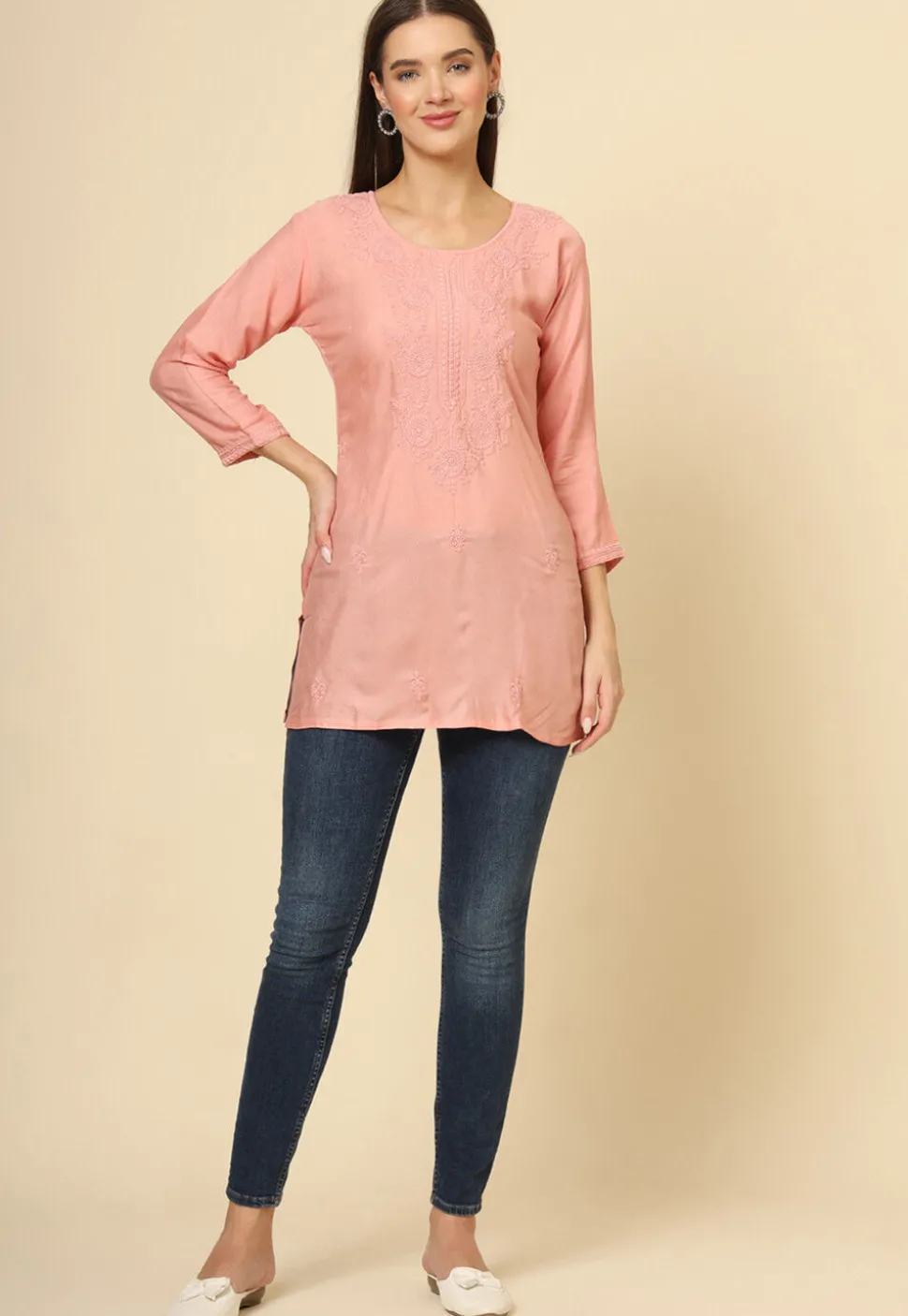 Embroidered Rayon Kurti in Peach