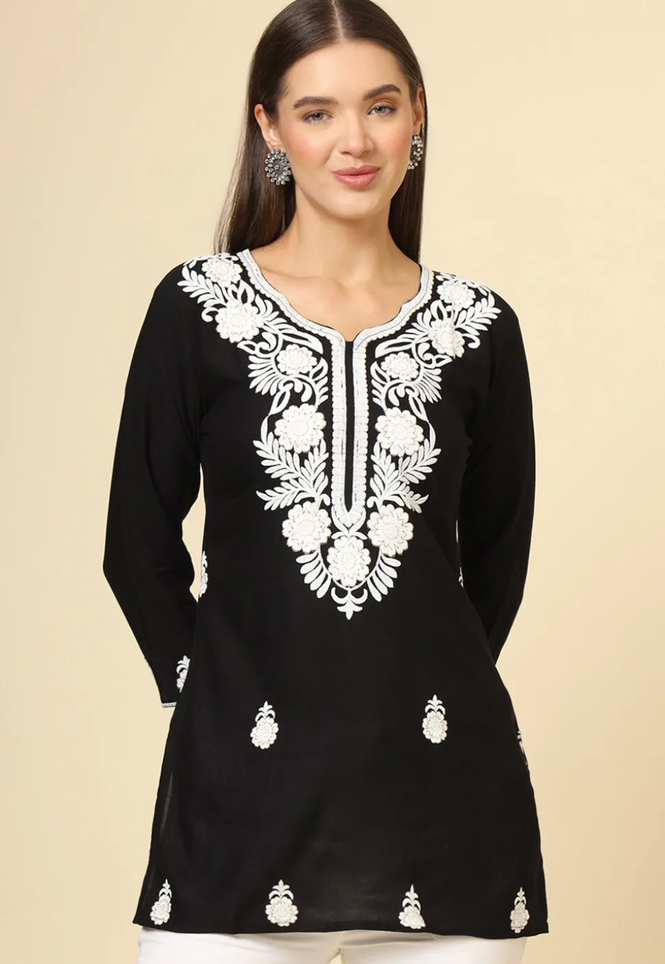 Embroidered Rayon Kurti in Black