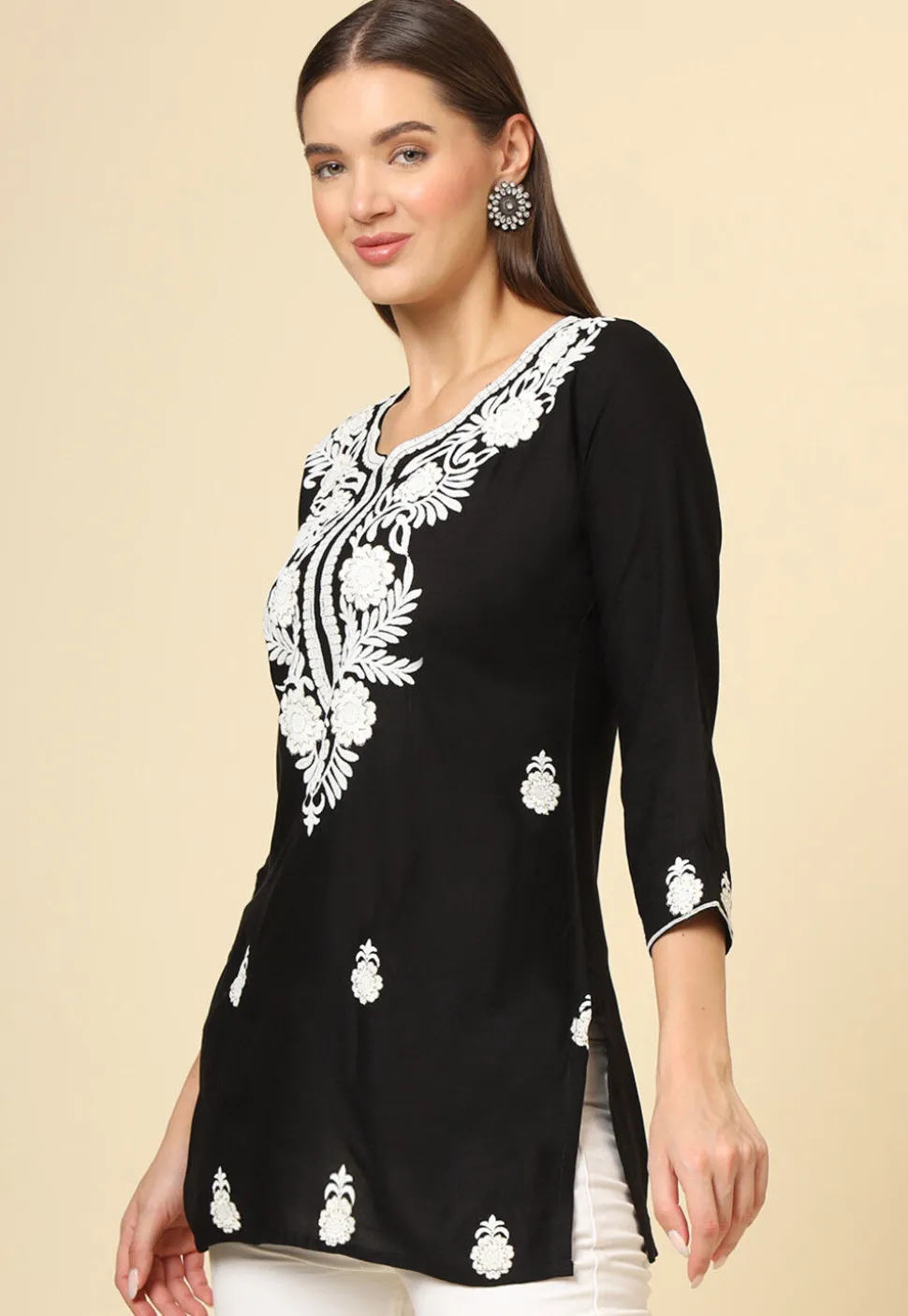 Embroidered Rayon Kurti in Black