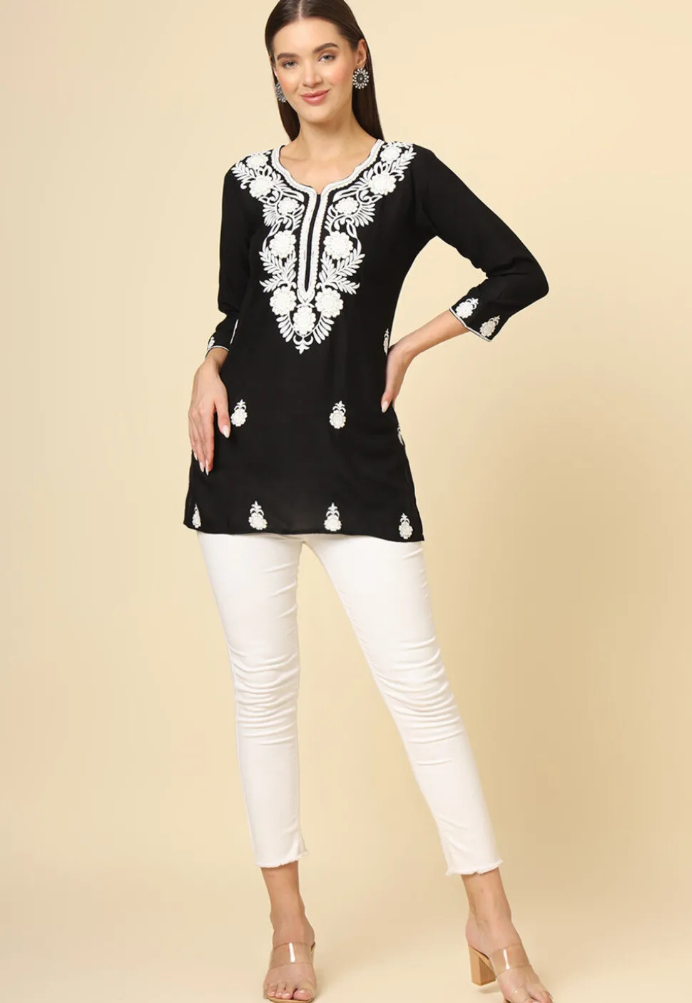 Embroidered Rayon Kurti in Black