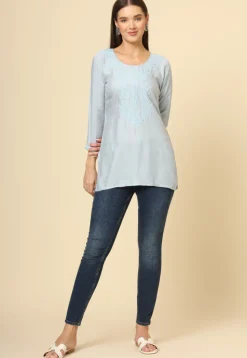 Embroidered Rayon Kurti in Grey