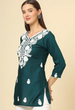 Embroidered Rayon Kurti in Teal Green