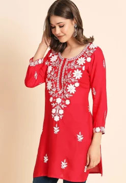 Embroidered Rayon Kurti in Red