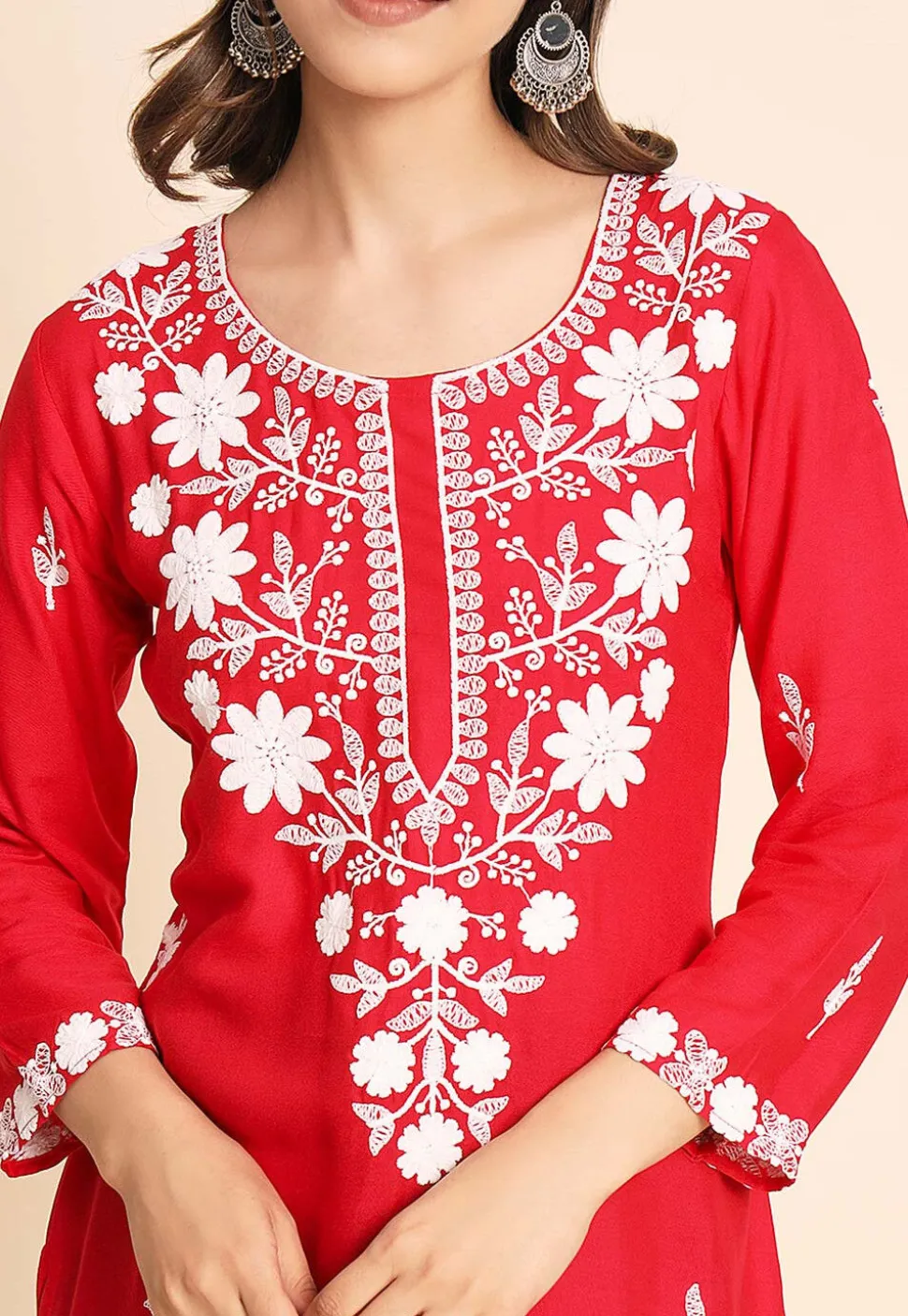 Embroidered Rayon Kurti in Red
