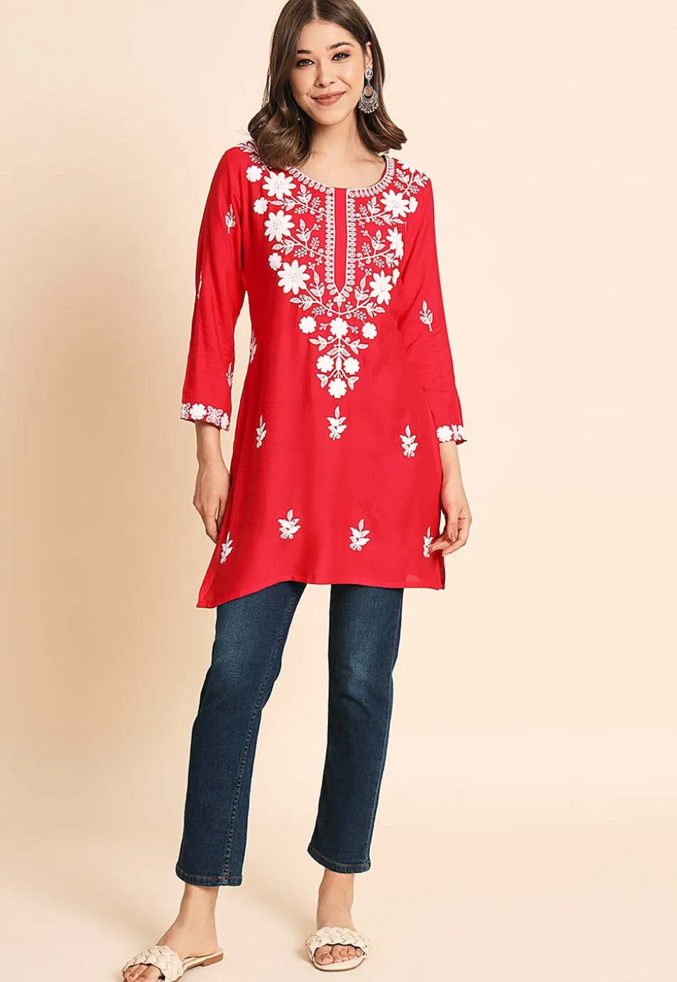 Embroidered Rayon Kurti in Red