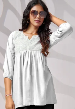 Embroidered Rayon Kurti in Off White