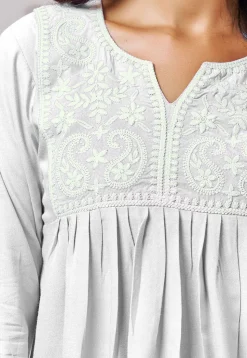 Embroidered Rayon Kurti in Off White