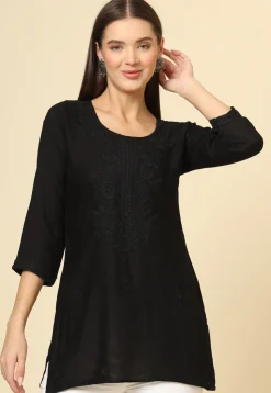 Embroidered Rayon Kurti in Black