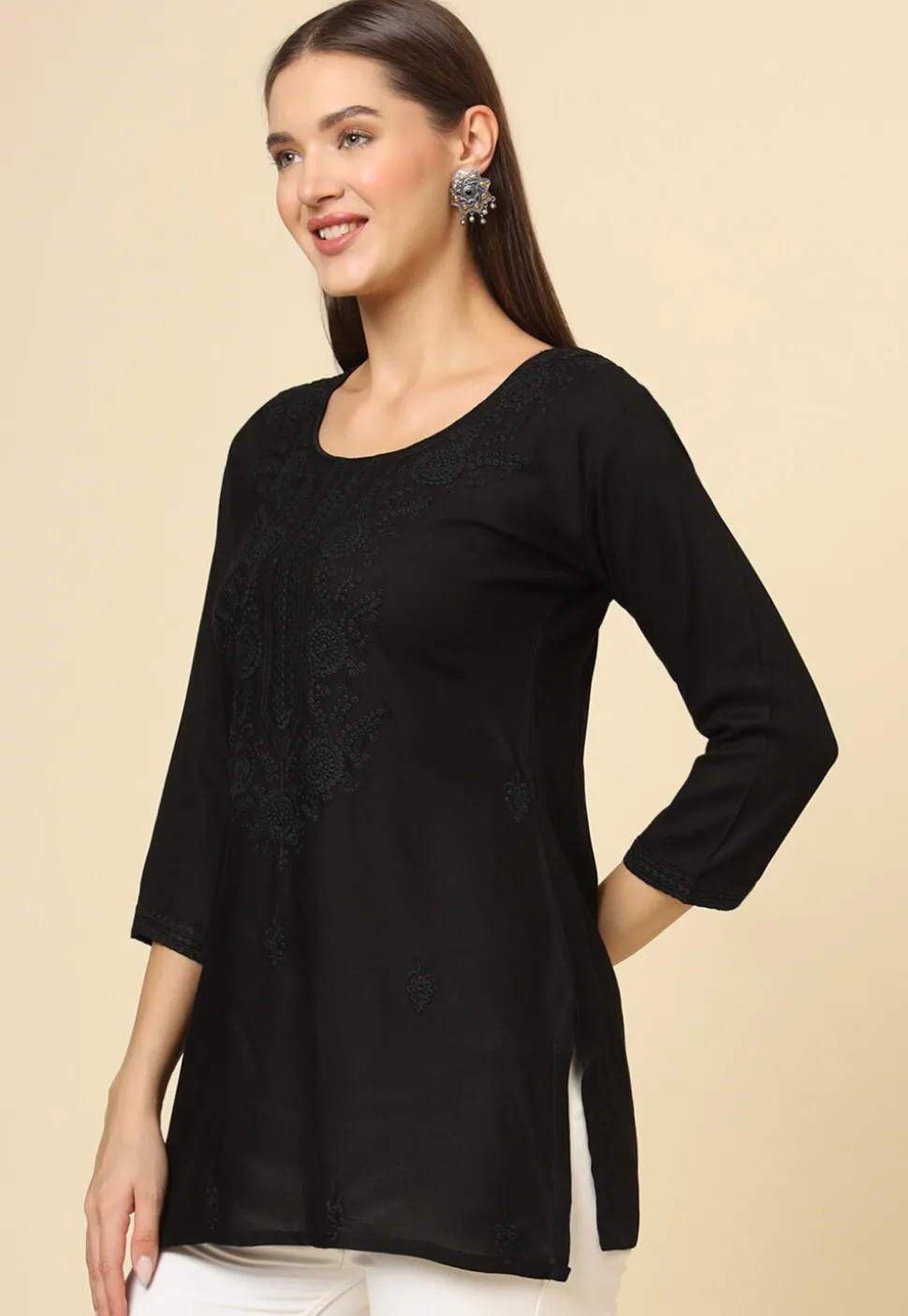 Embroidered Rayon Kurti in Black