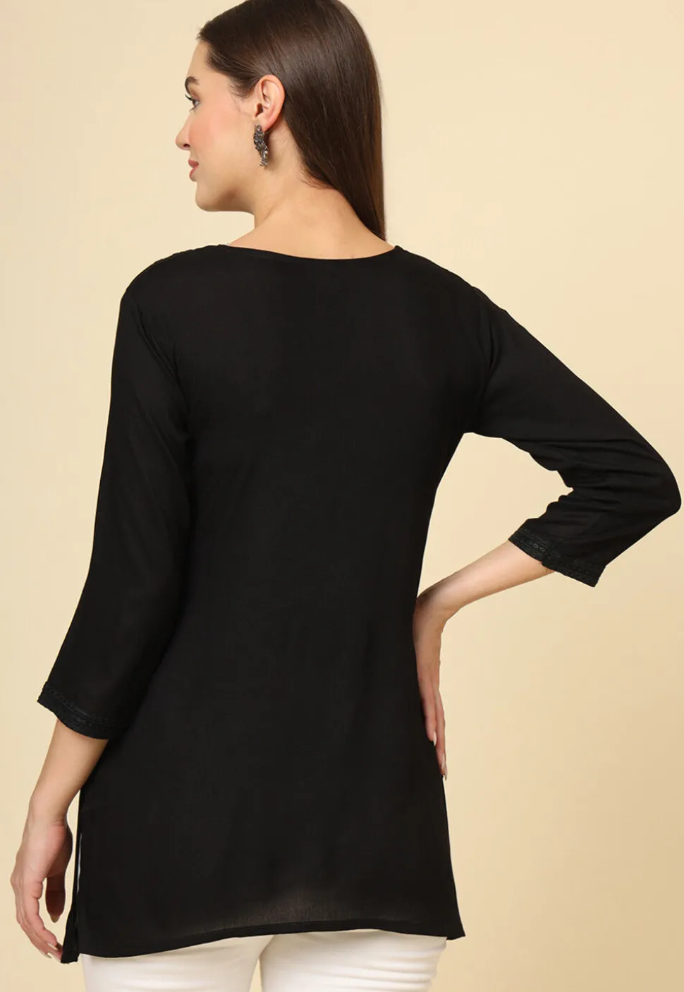 Embroidered Rayon Kurti in Black