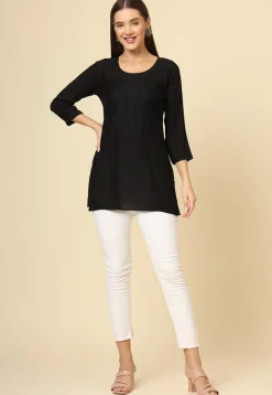 Embroidered Rayon Kurti in Black