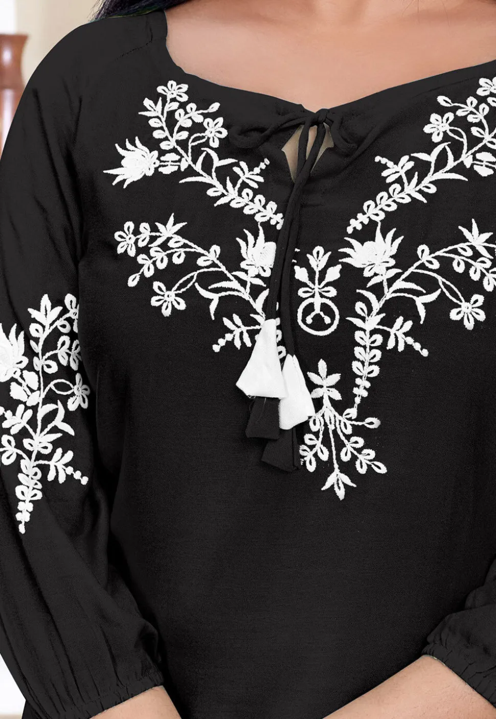Embroidered Rayon Kurti in Black